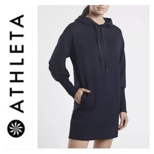 Athleta Mala Hoodie Dress 599866 Navy Blue Pockets SOFT Stretch Sweatshirt Terry